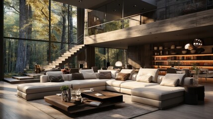 Modern living room interior in luxury open to below house. Large white corner sofa, coffee table, staircase to the second floor. Floor-to-ceiling window with garden view. Contemporary home decor.