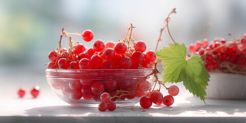 Fresh berries of red currant in the bowl surrounded with fresh berries on the table
