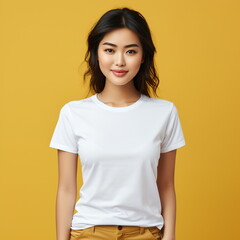 Fototapeta premium Sexy woman in a white T-shirt on the orange background. Mock-up.