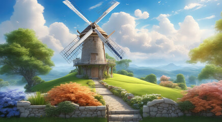 Renewable Energy Amidst Lush Green Landscape and Flowering Plants