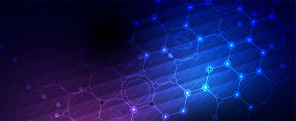 Technology banner design with hexagons abstract background.