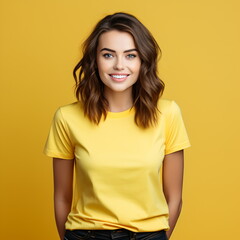 Fototapeta premium Sexy woman in a white T-shirt on the orange background. Mock-up.