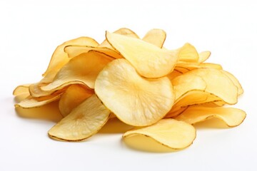A pile of potato chips on a white background, created by Generative AI - obrazy, fototapety, plakaty