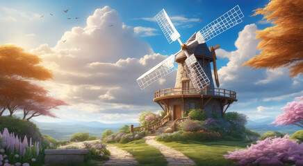 Renewable Energy Amidst Lush Green Landscape and Flowering Plants