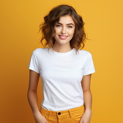 Fototapeta premium Sexy woman in a white T-shirt on the orange background. Mock-up.