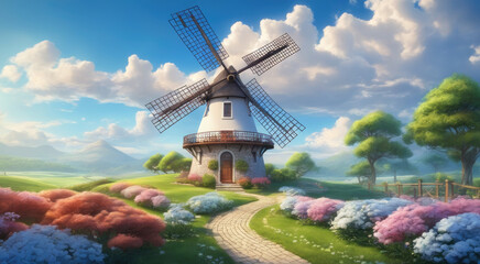 Renewable Energy Amidst Lush Green Landscape and Flowering Plants