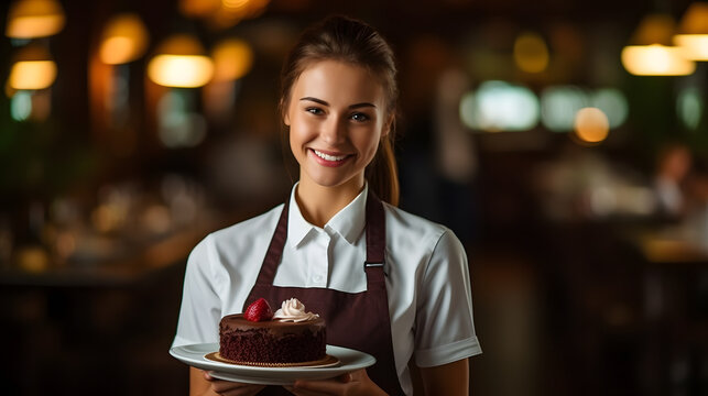 Young female waitress presents a piece of Mocha cake