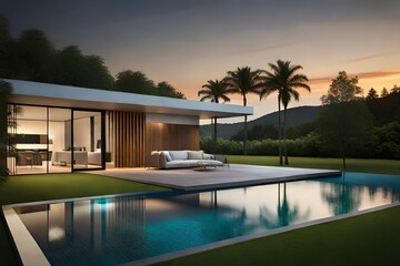 Modern House with swimming pool at sunset.