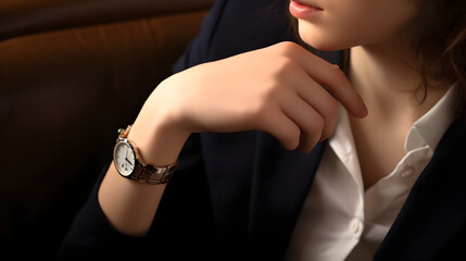 Young woman looking at wristwatch, closeup
