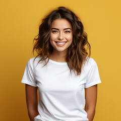 Obraz premium Sexy woman in a white T-shirt on the orange background. Mock-up.