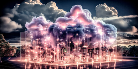 Fototapeta premium Cloudcomputing Cloud Computer Cloud-Storage Icon Image Sign Brainstorming CPU GPU Digital Art Generative AI KI Wallpaper Illustration Sience Magazin