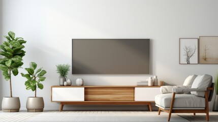 Front view of a modern minimalist living room. White wall with flat TV and posters, TV stand, comfortable armchair, green plants in floor pots, home decor. Mockup, 3D rendering.