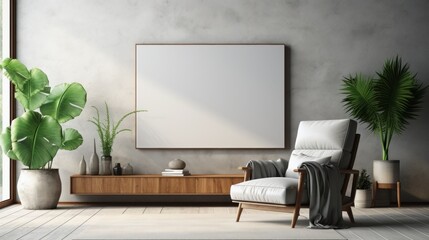 Front view of a modern minimalist living room. White wall with poster template, commode, comfortable armchair, green plants in floor pots, home decor. Mockup, 3D rendering.