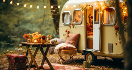 Cozy Trailer of mobile home or recreational vehicle stands n the forest in camping in fall near table set, concept of family local travel in home country on caravan or camper, camping life. digital ai