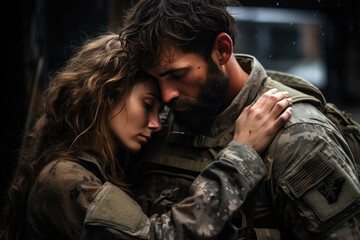 Fototapeta premium The sadness of parting. The agony of separation. A soldier embracing his beloved for the last kiss, not knowing if they'll see each other again amidst the horrors of war. Generative AI