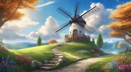 Renewable Energy Amidst Lush Green Landscape and Flowering Plants