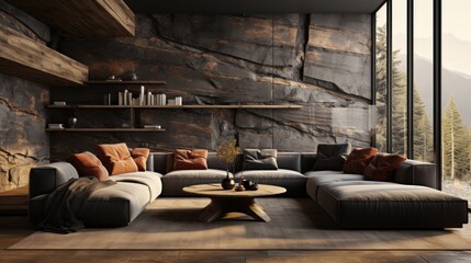 Cozy interior in modern luxury chalet. Stone wall, large corner sofa, coffee table, bookshelves, rug on wooden floor. Panoramic window with forest view. Rustic home design. Mockup, 3D rendering.