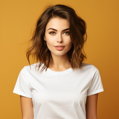 Sexy woman in a white T-shirt on the orange background. Mock-up.