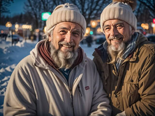 Homeless men on the street smiling
