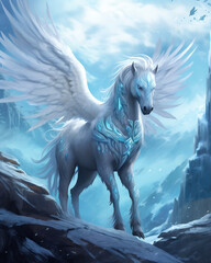 Obraz na płótnie Canvas Mighty mythical creature Pegasus - horse spreading its wings on rocky winter mountains. Generative AI