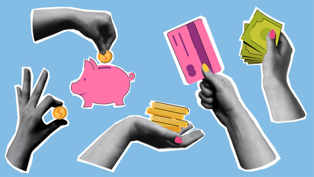 Halftone set of hands with vector flat elements of money theme: piggy bank, coins, plastic card. retro  90s, y2k 00s style effect collage.