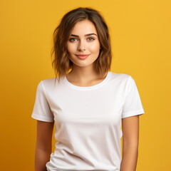 Fototapeta premium Sexy woman in a white T-shirt on the orange background. Mock-up.