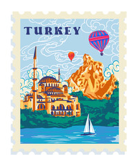 Turkey postage stamp, hand drawn, image of Turkey in architecture and landscape, highlight individual PNG objects