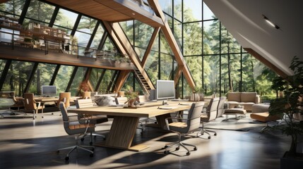 Fototapeta premium Modern open space two level office with no employees in luxury building. Concrete floor, large wooden desks, chairs, desktop computers and office supplies, chill out area. Glass walls with park view.