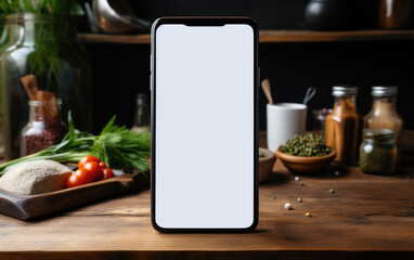 Food delivery, Italian food, food recipes app concept. Smartphone and cooking ingredients, spices on wooden table. Blank cell phone screen mockup