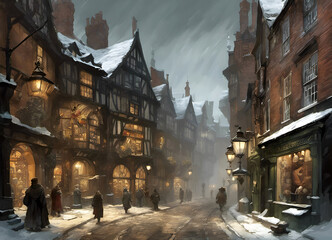 winter scene with a traditional old-fashioned english town street covered in snow with shoppers passing illuminated windows at twilight - obrazy, fototapety, plakaty
