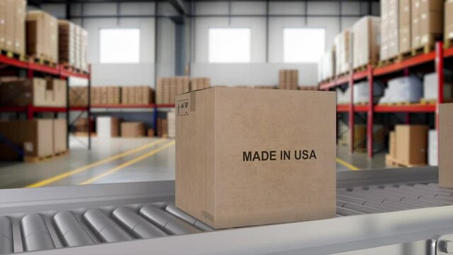 Made in USA import and export concept. Cardboard boxes with product from America on the roller conveyor