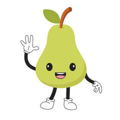 Pear kawaii cartoon character says hi and waves hand. Vector illustration