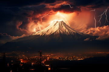 Mountain Fuji with stormy sky and lightning at sunset, Japan,Generative AI