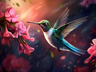 Naklejka premium Hummingbird in flight against blurred background hovering near bunch of pink flowers, seeking nectar.