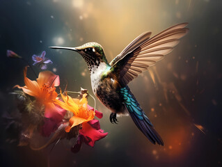 Fototapeta premium Hummingbird in flight against blurred sky hovering near bunch of flowers, seeking nectar.