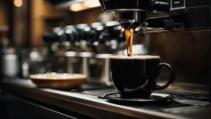  Close up of black mug on espresso machine, hot coffee pouring from spout, pouring coffee into a glass, espresso coffee maker, espresso coffee machine, espresso machine pouring coffee © The Artist