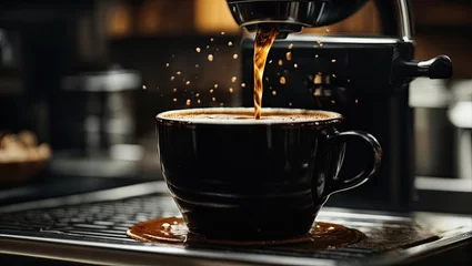 Deurstickers Close up of black mug on espresso machine, hot coffee pouring from spout, pouring coffee into a glass, espresso coffee maker, espresso coffee machine, espresso machine pouring coffee © The Artist