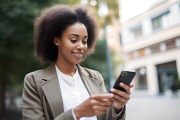 Smiling attractive young black businesswoman looking at her smart phone