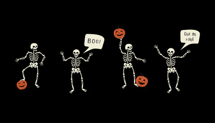 Funny skeletons with pumpkins and speech bubble: give me a hug and boo! Halloween cartoon characterst vector illustration