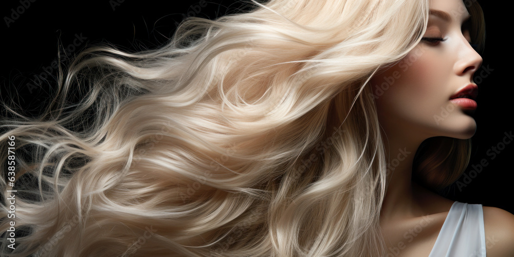 Canvas Prints Graceful woman with long blonde hair on dark background. Glossy wavy white hair