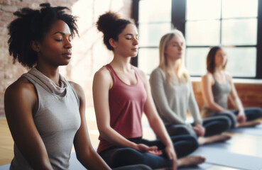 A diverse group of young women in a yoga studio learning breathing techniques to decrease their levels of stress and anxiety, and to attain better sleep quality.breathwork concept