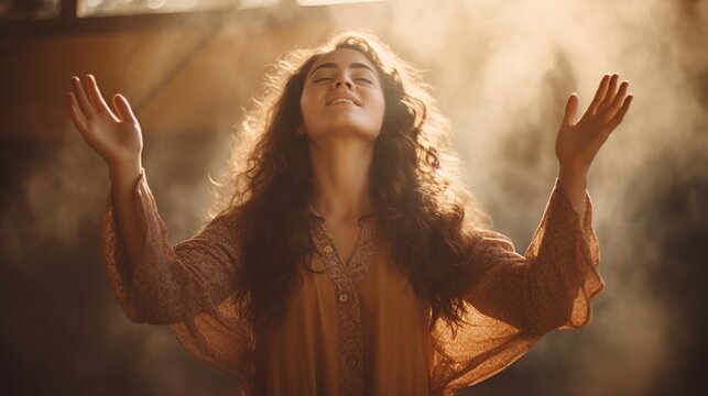 Christian worship and praise, a young woman with her arms raised - Powered by Adobe