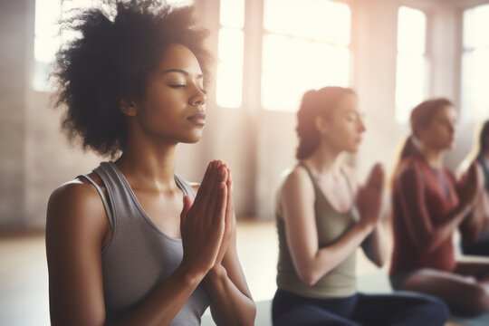 Women of diverse races come together in a yoga studio to learn how to perform exercises that help them collectively reduce stress and anxiety.