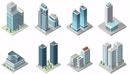 sometric skyscrapers buildings collection. Set of business office and commercial towers isolated on white background. City development in 3D design.