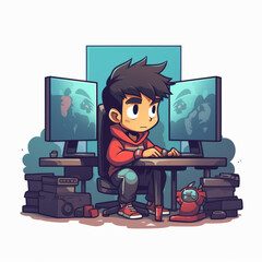 A junior citizen thinking and working hard on many screen computers, 2d illustration, chibi, flat design generative ai