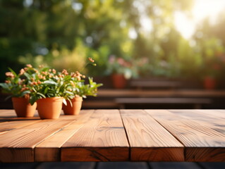 Wooden floor perspective and green forest with ray of light.