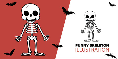 Cute funny skeleton cartoon captures the Halloween spirit through a unique vector illustration, showcasing a skull in flat style