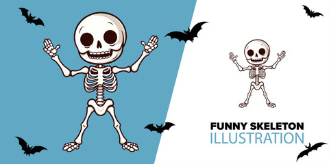 Cute funny skeleton cartoon brings laughter to Halloween with an isolated vector of a skull illustration in flat cartoon style