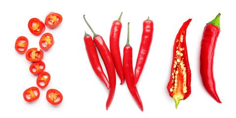 Red chili peppers on white background, top view - obrazy, fototapety, plakaty