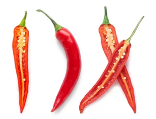 Fotobehang Hete pepers Red chili peppers on white background, top view